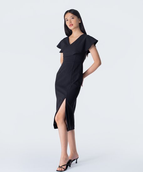 Hera V-neck Cape Dress - Black