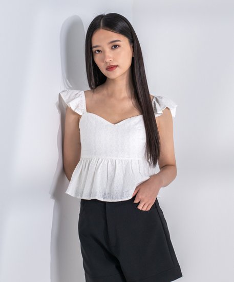 Sage Eyelet Flutter Sleeves Top - White