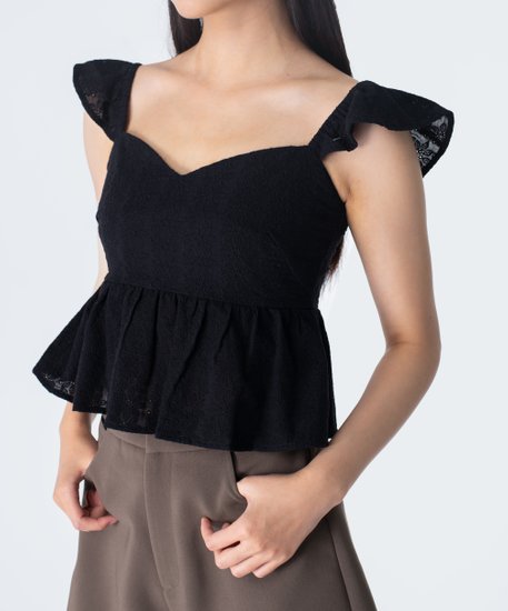 Sage Eyelet Flutter Sleeves Top - Black