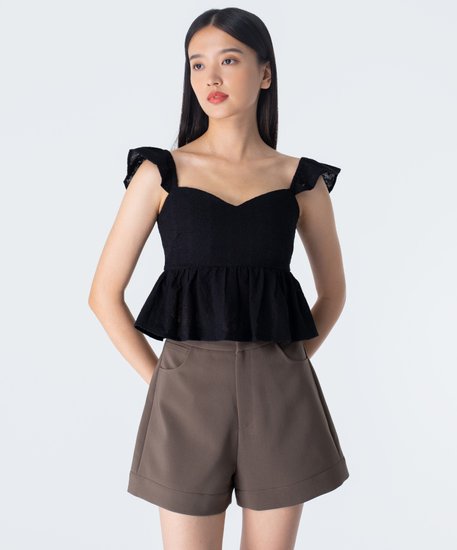Sage Eyelet Flutter Sleeves Top - Black
