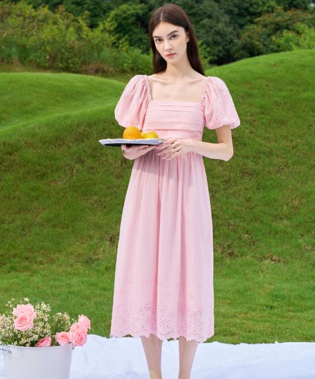 Genni Eyelet Sleeved Dress - Pink