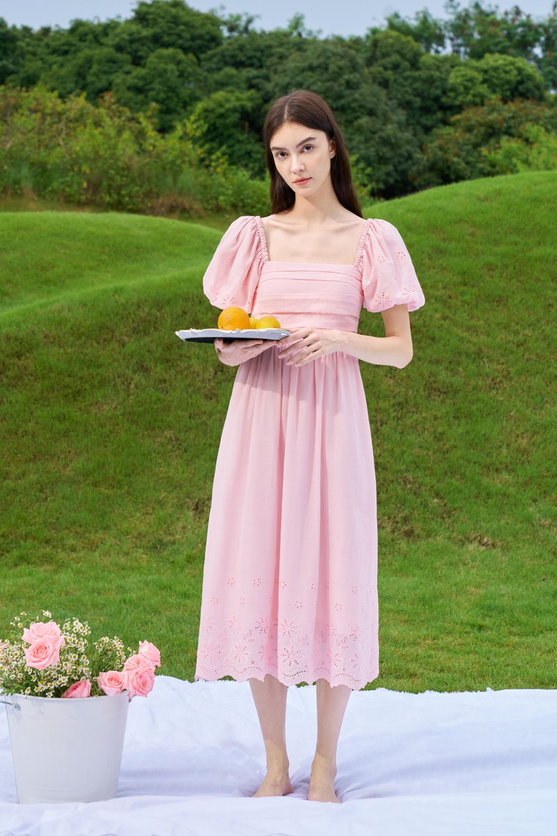 Genni Eyelet Sleeved Dress Pink